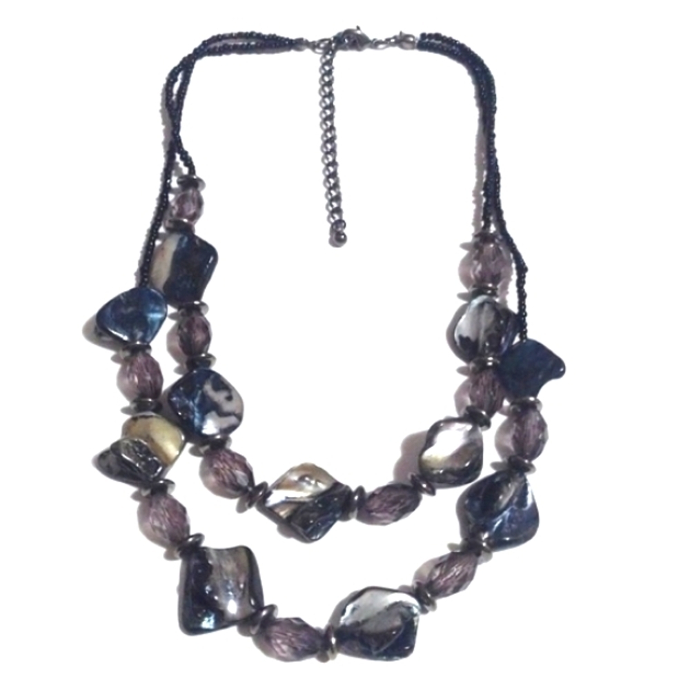 VINTAGE MULTICOLORED ABALONE SHELL BLACK SEED BEADED CHAIN 16-19" NECKLACE